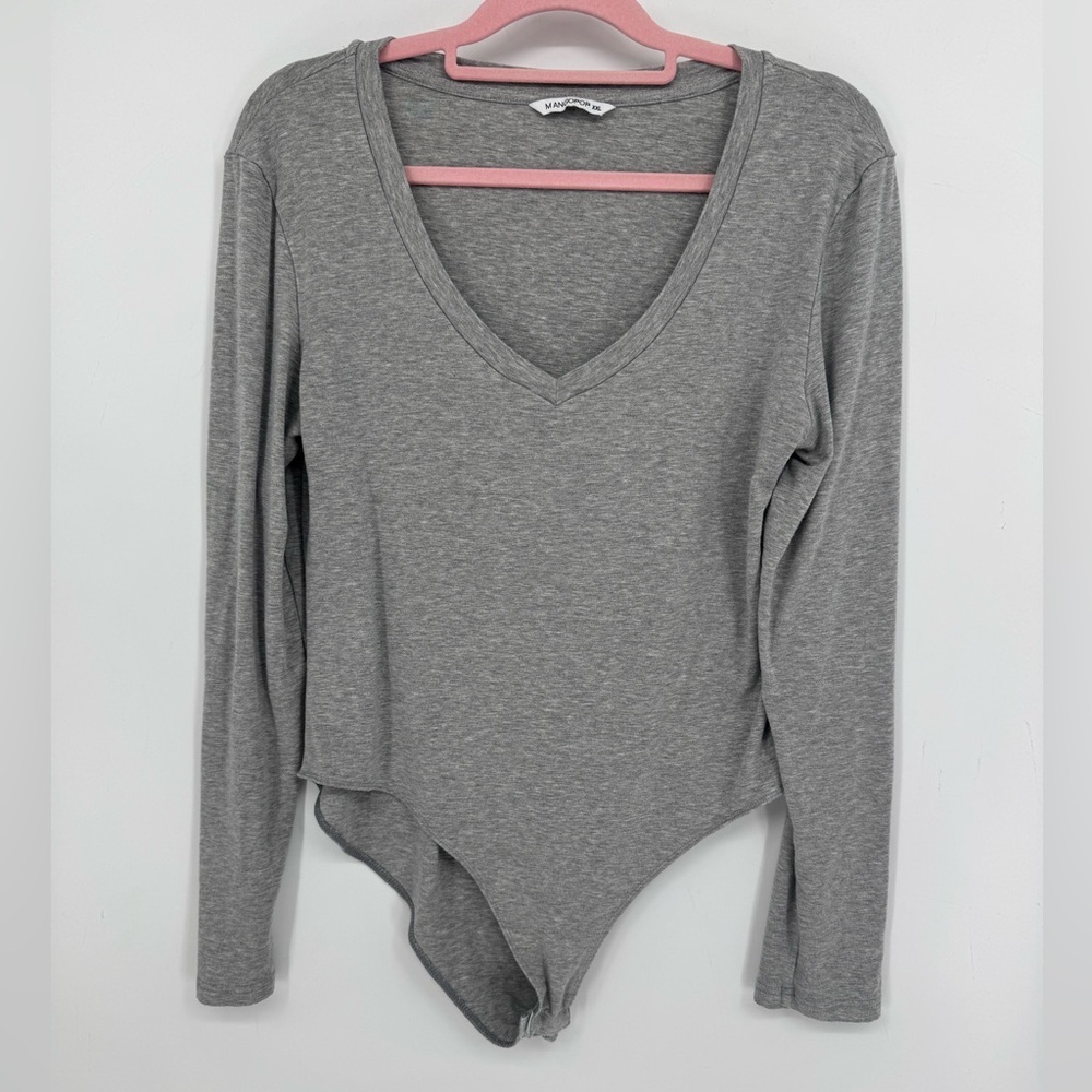 Mangopop Women's Gray V-Neck Long Sleeve Bodysuit Plus Size XXL
